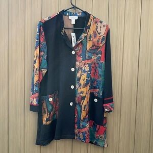 Aris A Cardigan Women Medium Multi New Abstract‎ Art Button Front Boho Lagenlook